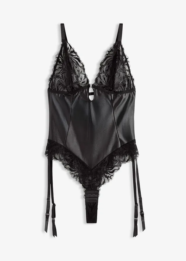 Stringbody in wetlook met afneembare jarretals, Kleur: zwart