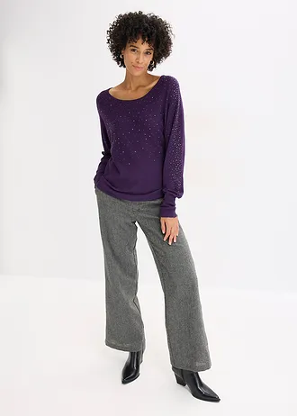 Pulover din tricot fin cu aplicații cu ștrasuri • lila închis • magazin bonprix