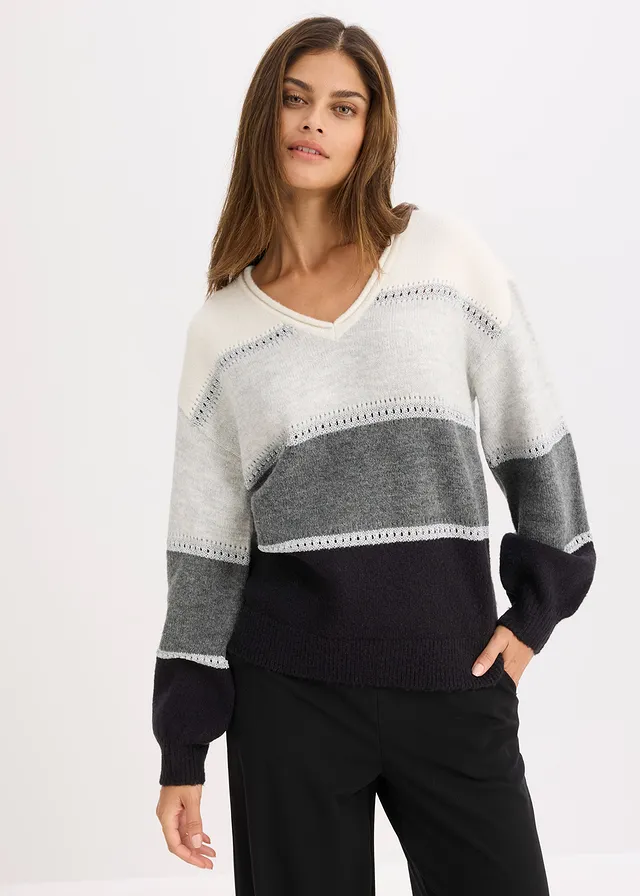 Pull, Couleur: noir-anthracite chiné-gris clair chiné-écru rayé