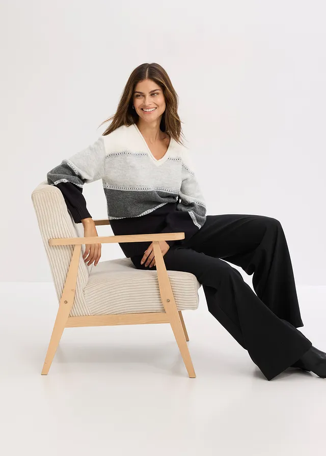 Pull en maille • noir-anthracite chiné-gris clair chiné-écru rayé • Boutique bonprix