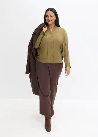 Košilová halenka ze splývavého saténu, barva: zemitá olivová