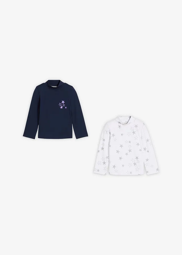 Lot de 2 T-shirts manches longues en coton extensible • bleu foncé+blanc imprimé • product-page.page-title-suffix
