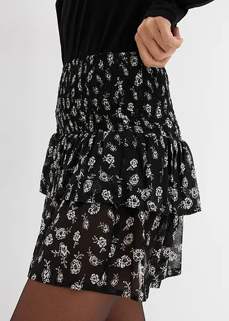 Volánová sukně ze strukturovaného materiálu se zmačkanou úpravou • černo-přírodní bílá s květy • bonprix obchod