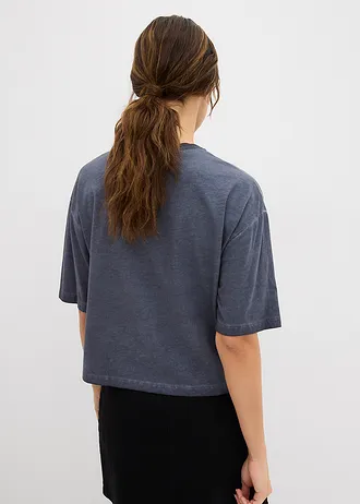 T-shirt z kryształkami, z czystej bawełny • kobaltowy washed • sklep bonprix