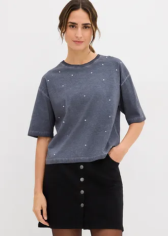 T-shirt van puur katoen met glittersteentjes • nachtblauw washed • bonprix online shop