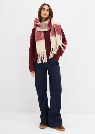 Boxy trui met kabelpatroon op de mouwen, Kleur: donkerbessen