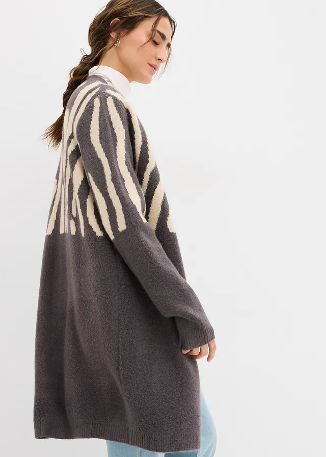 Gilet long en maille à imprimé zèbre anthracite-sable clair zèbre