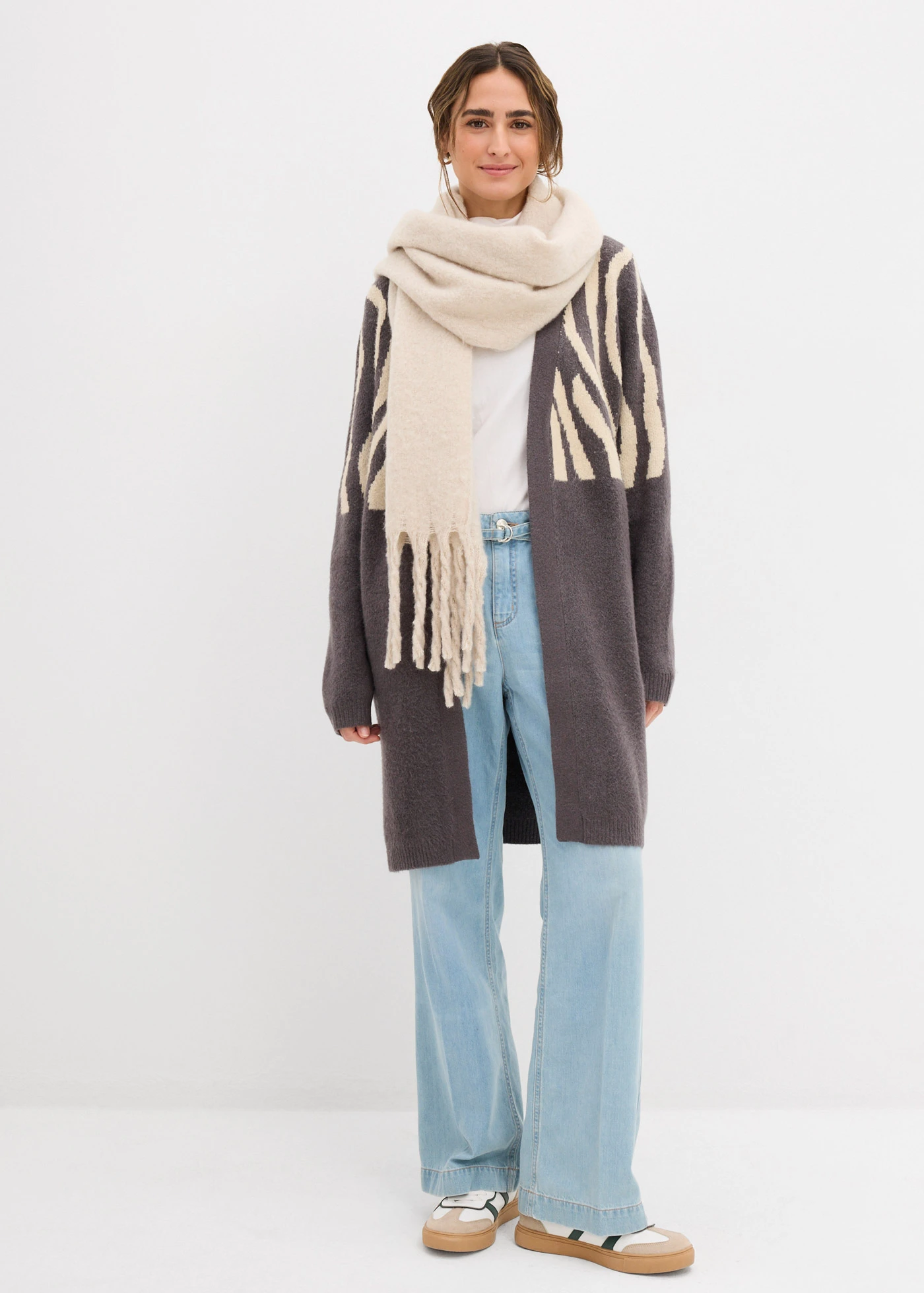 Gilet long en maille à imprimé zèbre • anthracite-sable clair zèbre • Boutique bonprix