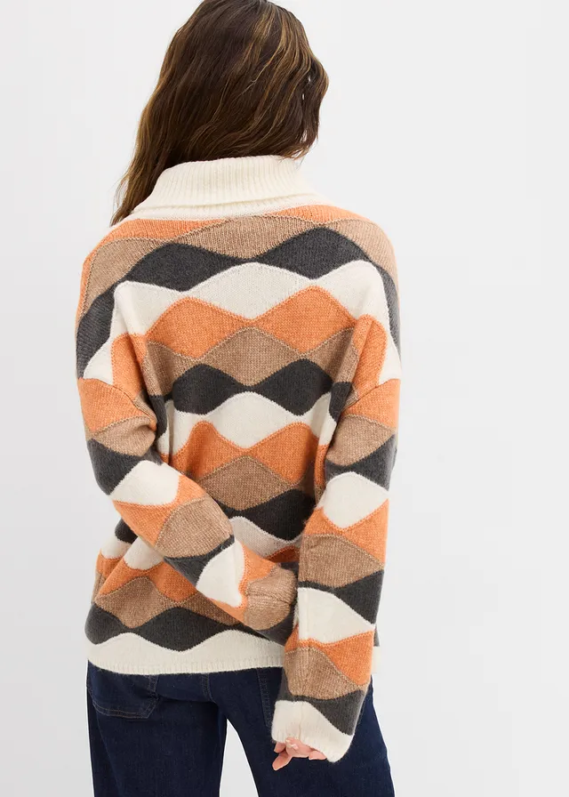 Pull col roulé à motif graphique, Couleur: écru-camel-cuivre-gris ardoise