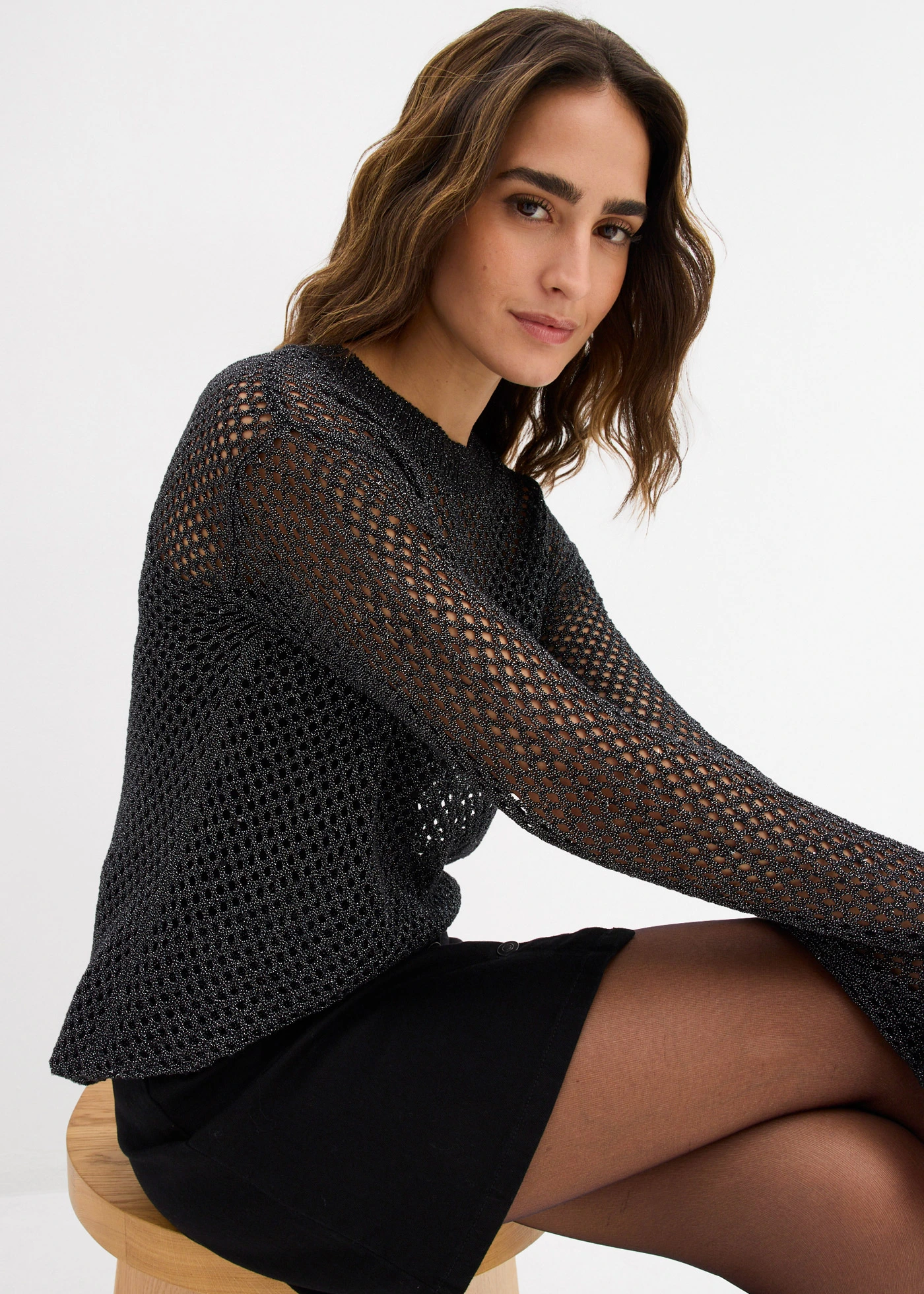 Ažurový svetr se třpytivou přízí • černá • bonprix obchod