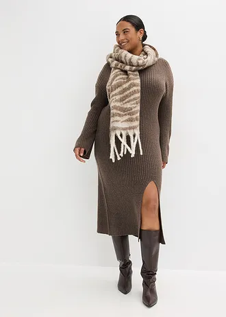 Pletené šaty s rozparkem, barva: hliněná hnědá