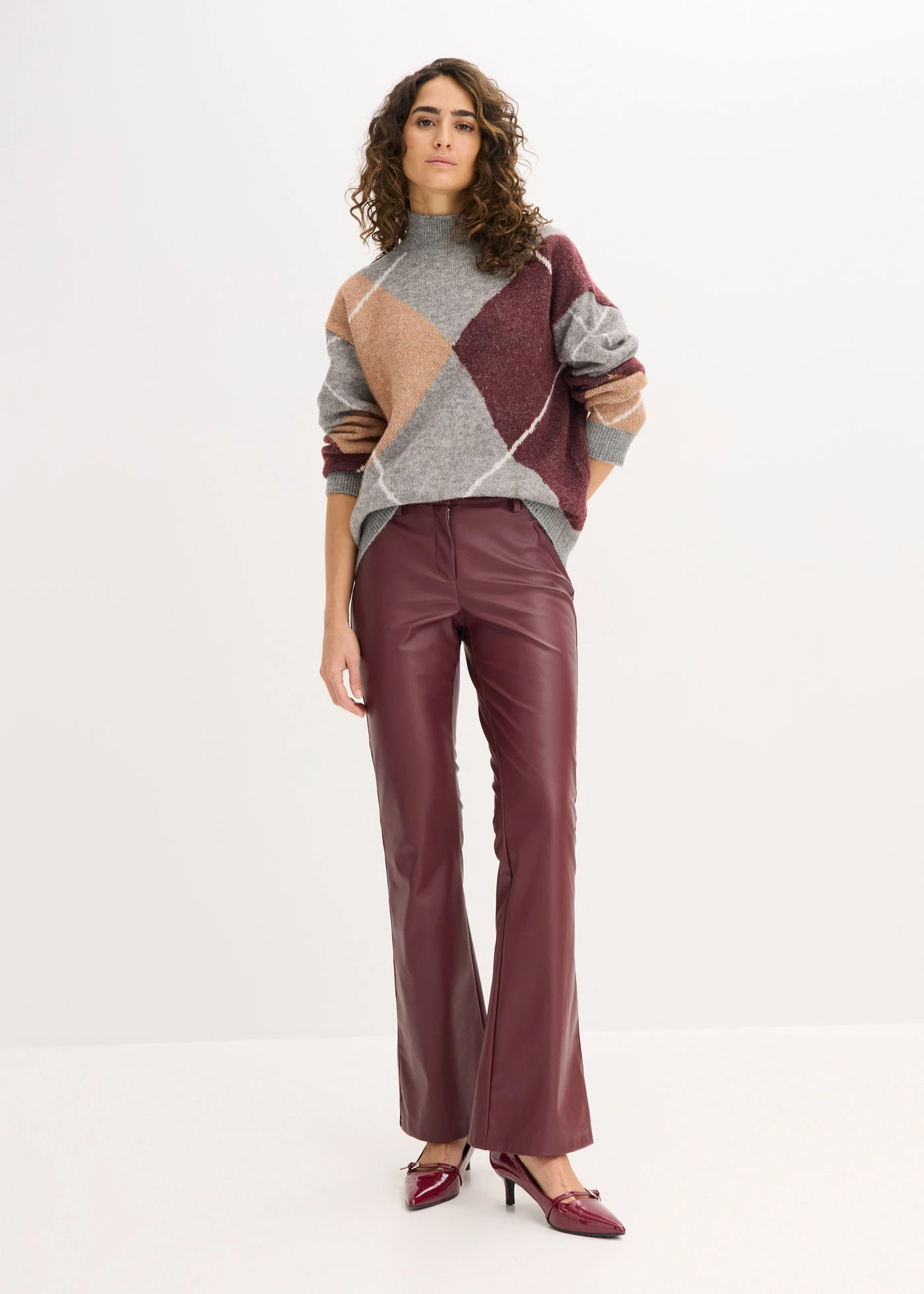 Pull oversize • gris chiné-sorbet chocolat-prune losanges • Boutique bonprix