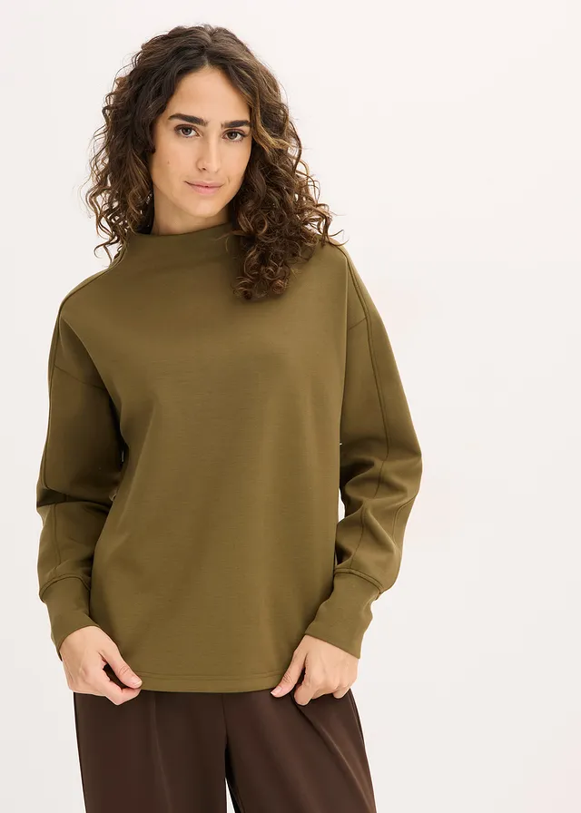 Oversized sweater van zachte scuba, Kleur: olijfgroen