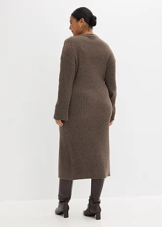 Pletené šaty s rozparkem, barva: hliněná hnědá