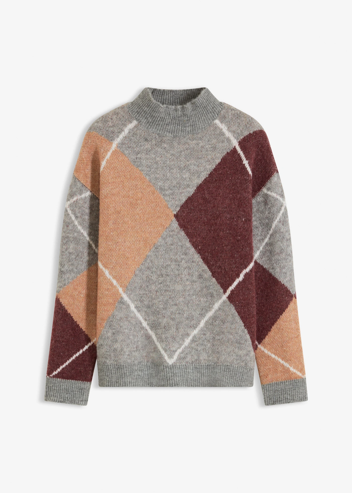 Pull oversize • gris chiné-sorbet chocolat-prune losanges • Boutique bonprix