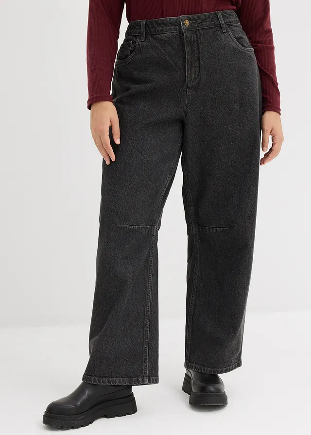 Jean barrel taille mi-haute, Couleur: gris foncé denim used