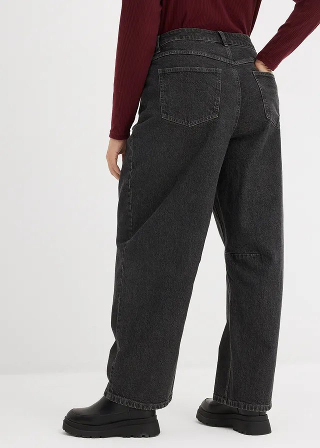 Jean barrel taille mi-haute, Couleur: gris foncé denim used