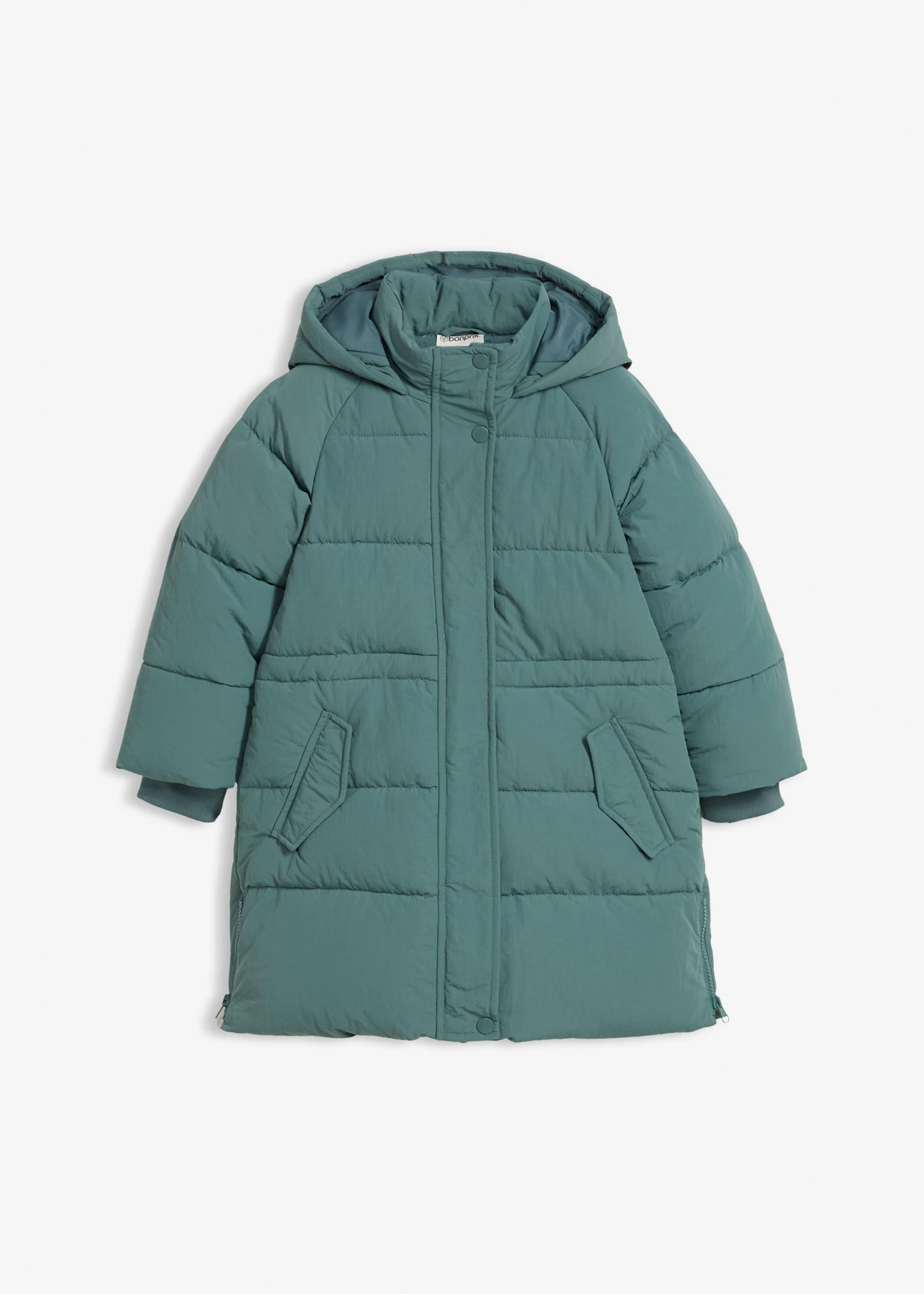 Warme gevoerde lange pufferjas met reflecterende details • grijsgroen • bonprix online shop