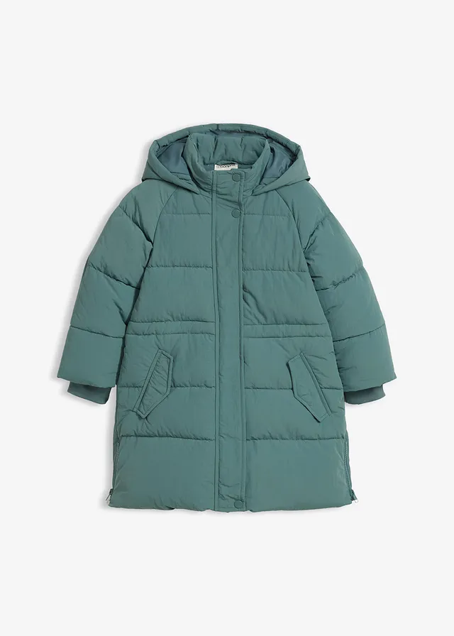 Warme gevoerde lange pufferjas met reflecterende details • grijsgroen • bonprix online shop