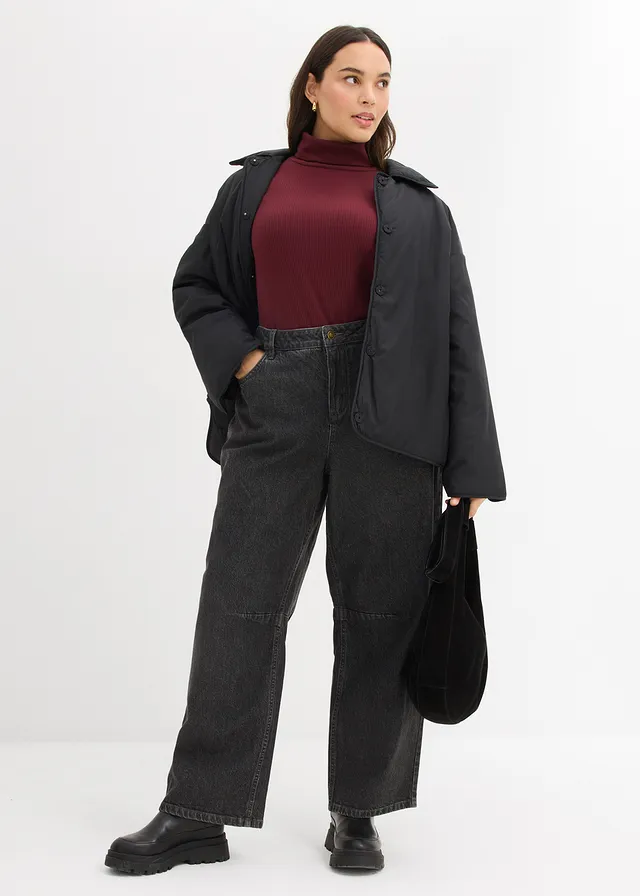Jean barrel taille mi-haute, Couleur: gris foncé denim used