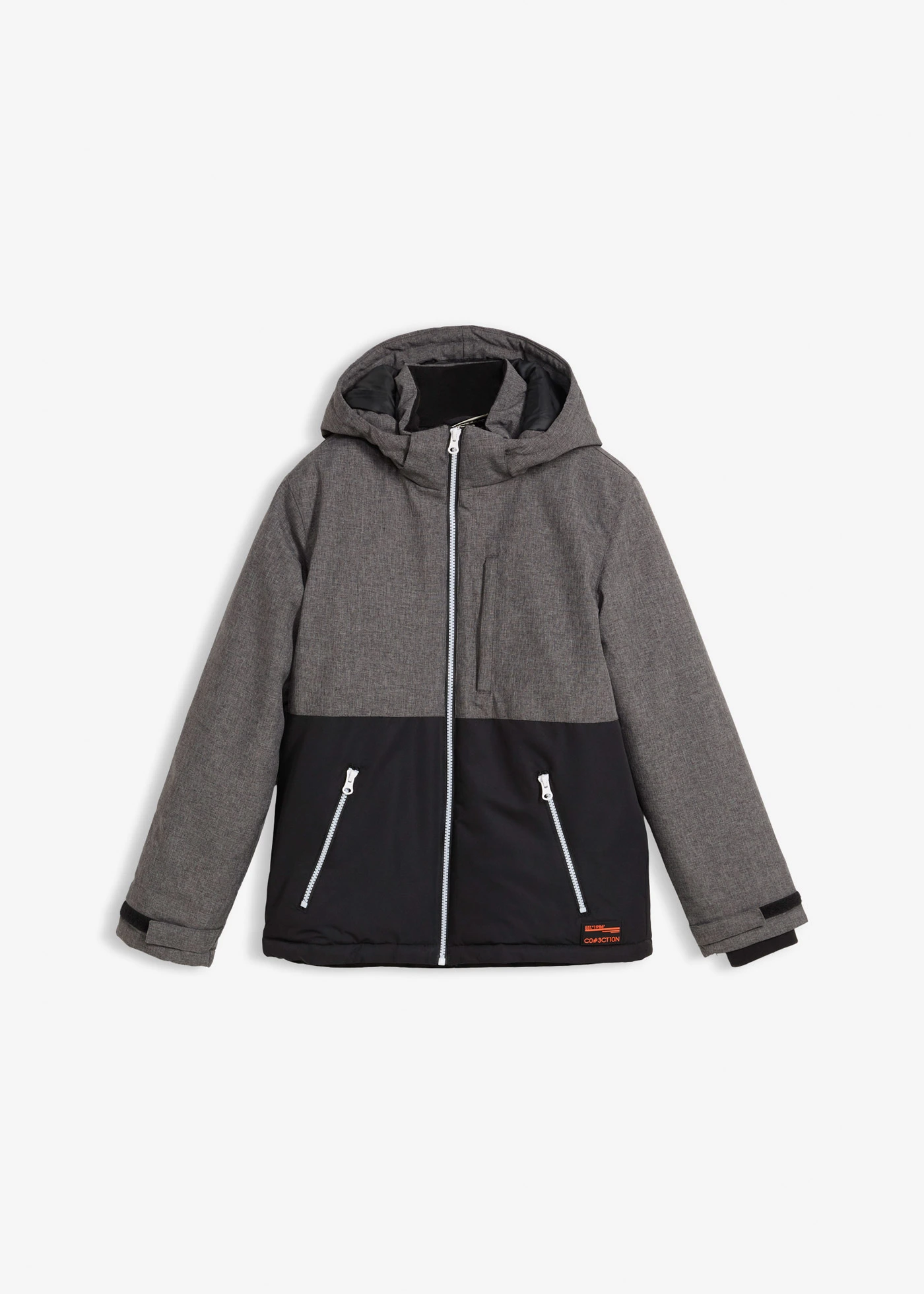 Vatovaná zimní bunda s barevnými bloky a s kapucí • šedý melír-černá • bonprix obchod