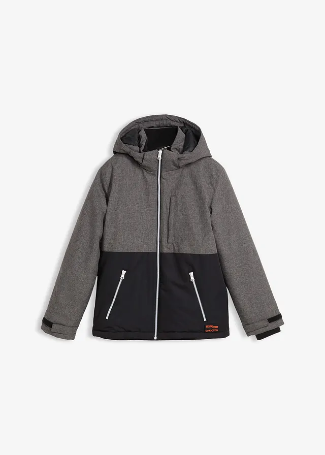 Gewatteerde winterjas in colourblocking met capuchon • grijs gemêleerd-zwart • bonprix online shop