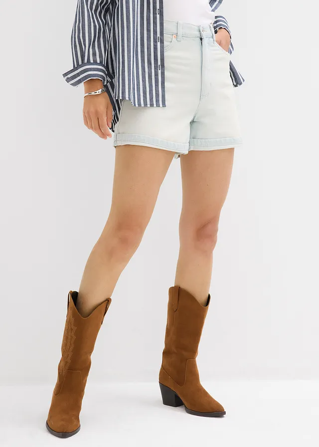 Jeans short high waist, low stretch, Kleur: lichtblauw denim used
