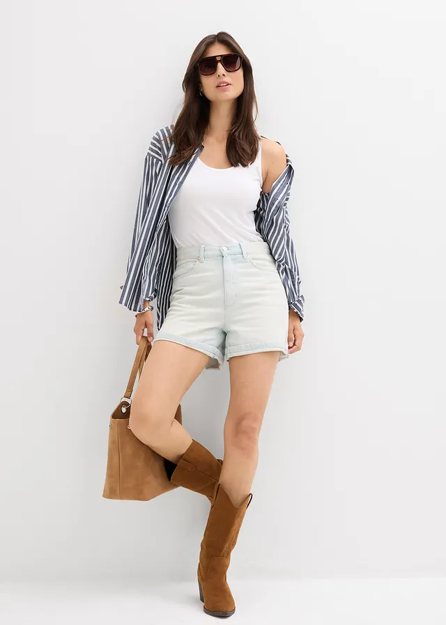Jeans short high waist, low stretch, Kleur: lichtblauw denim used