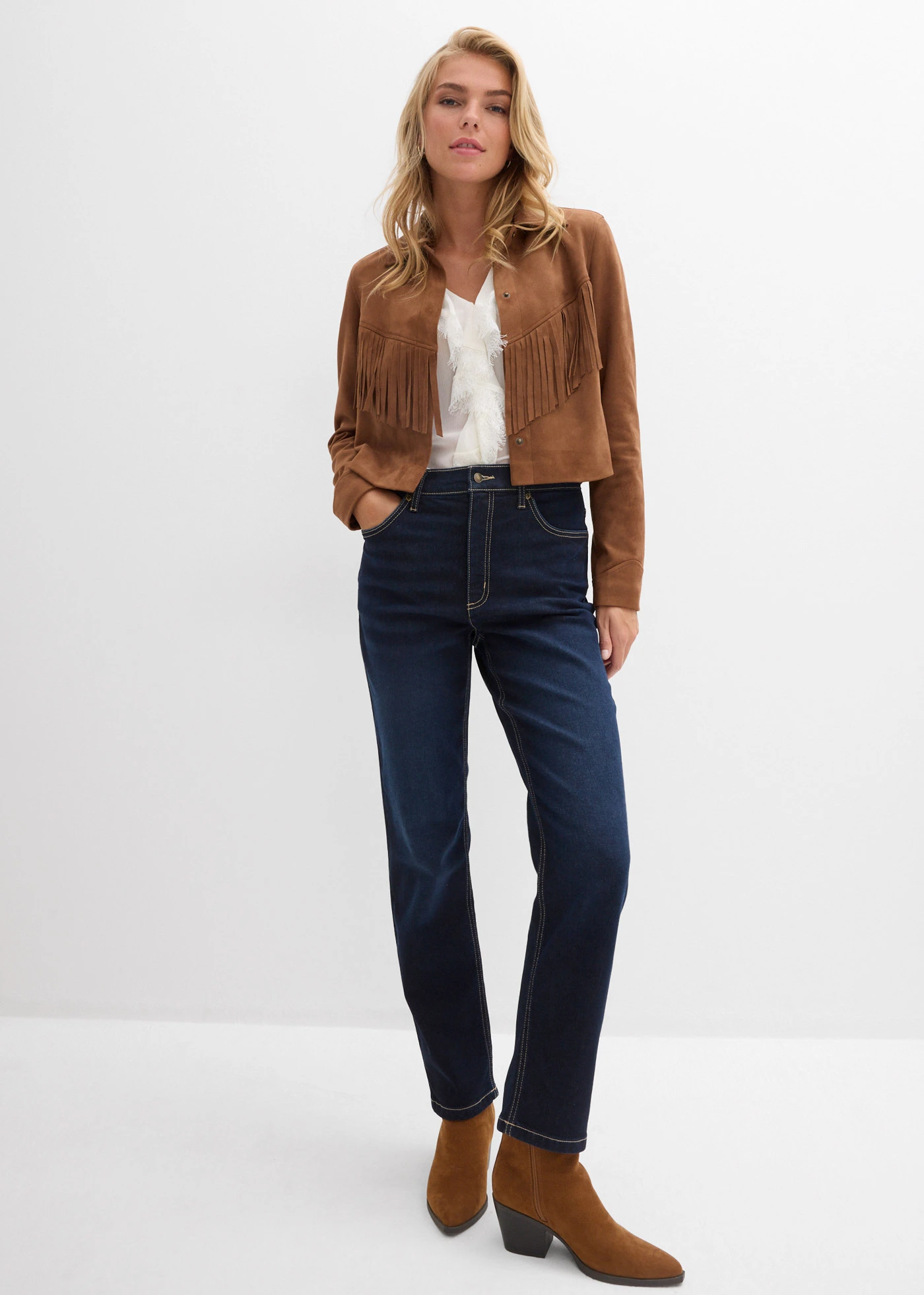 Slim Fit farmer, High Waist, rövidített • sötétkék denim, használt hatású • bonprix áruház