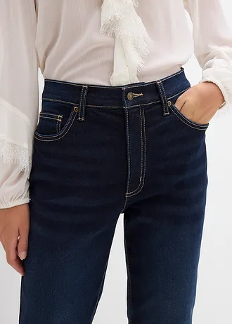 Slim Fit farmer, High Waist, rövidített • sötétkék denim, használt hatású • bonprix áruház