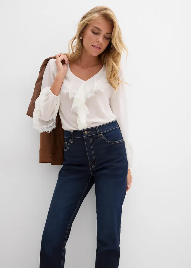 Slim Fit farmer, High Waist, rövidített • sötétkék denim, használt hatású • bonprix áruház