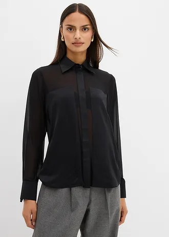 Overhemdblouse met inzetstuk van satijn, Kleur: zwart