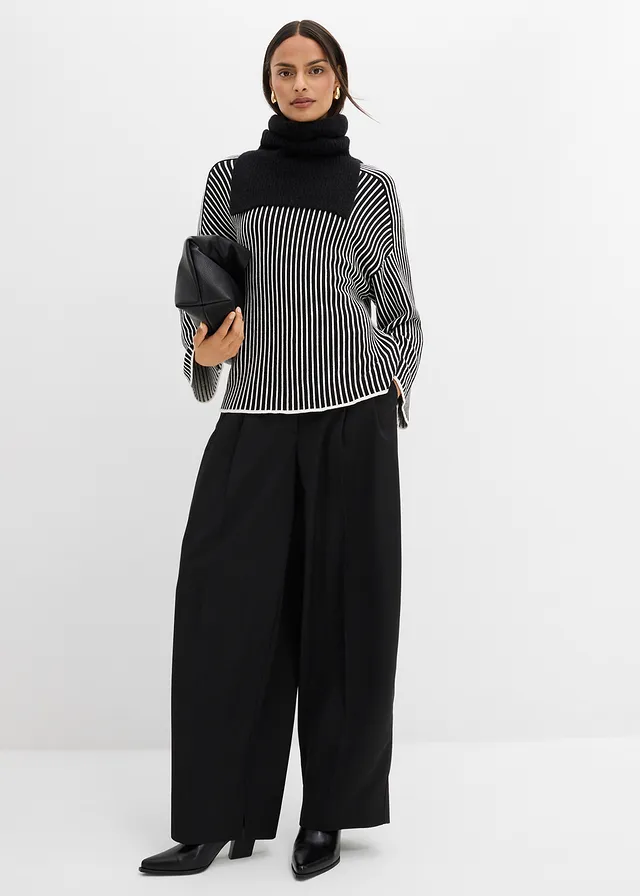 Pull à col montant, Couleur: noir-écru rayé