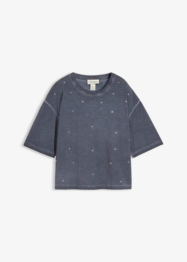 T-shirt van puur katoen met glittersteentjes • nachtblauw washed • bonprix online shop