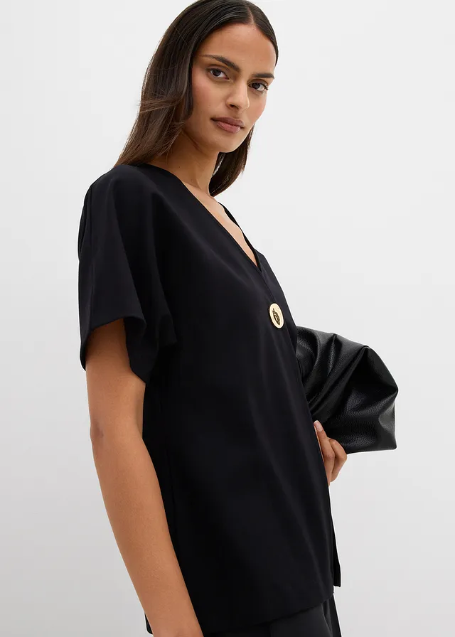 Gilet confortable en Punto di Roma avec bouton décoratif • noir • product-page.page-title-suffix