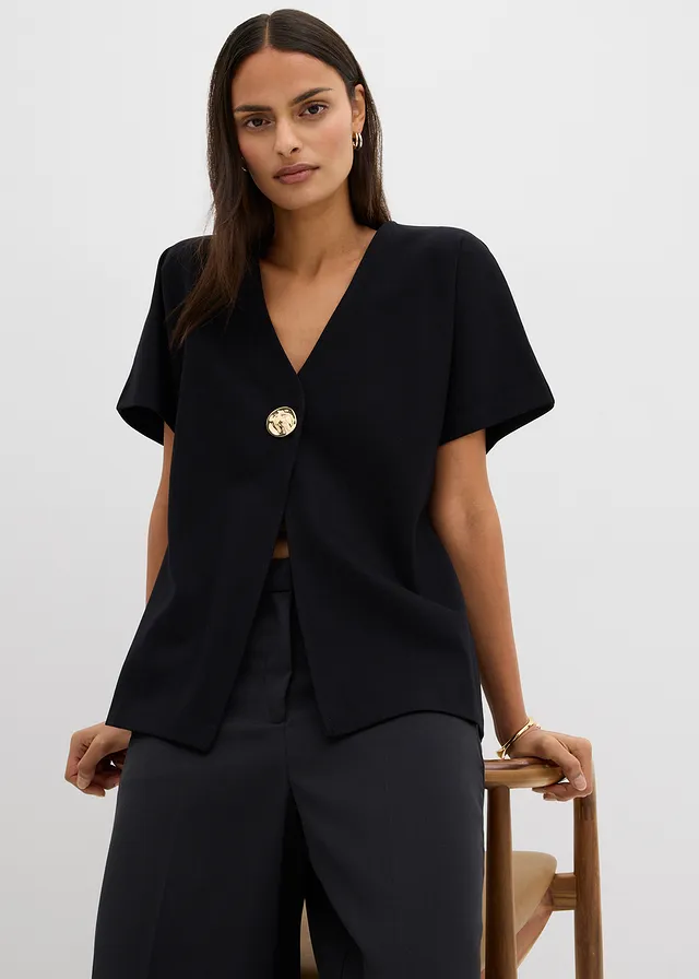 Gilet confortable en Punto di Roma avec bouton décoratif • noir • product-page.page-title-suffix