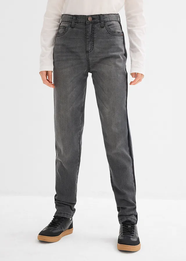 Meisjes thermojeans met jersey voering, mid waist, Kleur: grey denim-zwart