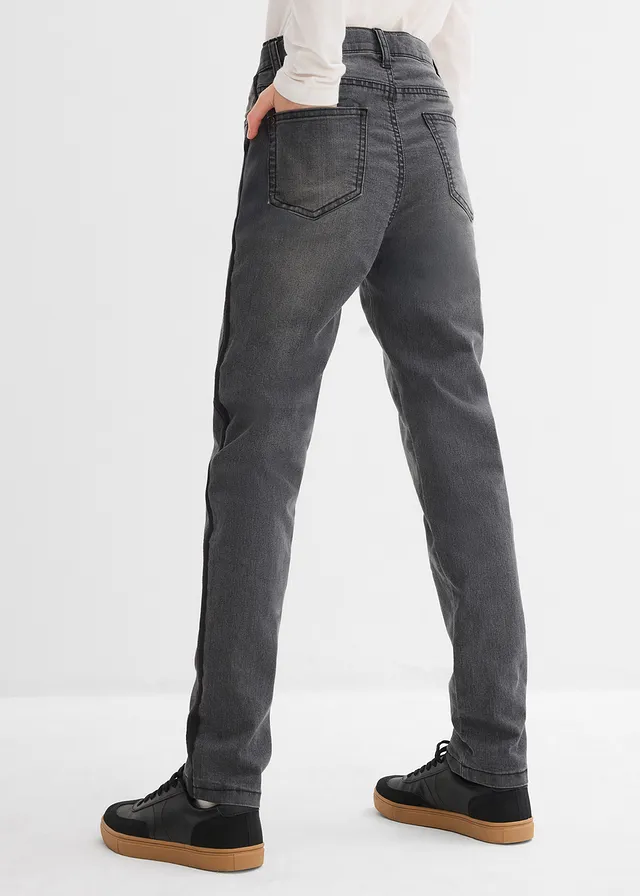 Meisjes thermojeans met jersey voering, mid waist, Kleur: grey denim-zwart
