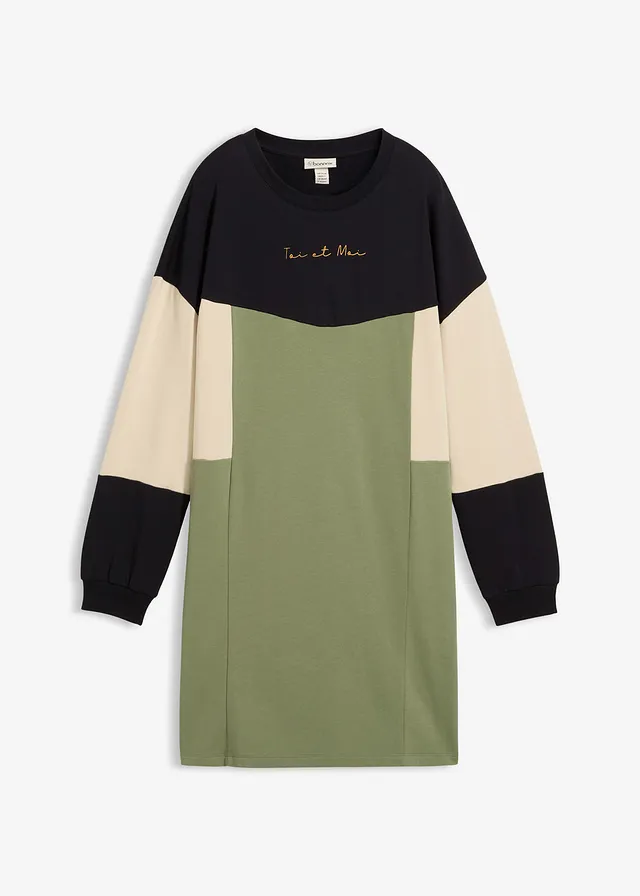 Robe sweat 100% coton • vert-noir-écru • Boutique bonprix