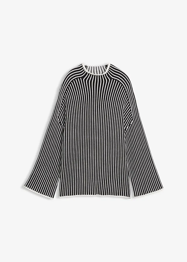 Pull à col montant, Couleur: noir-écru rayé
