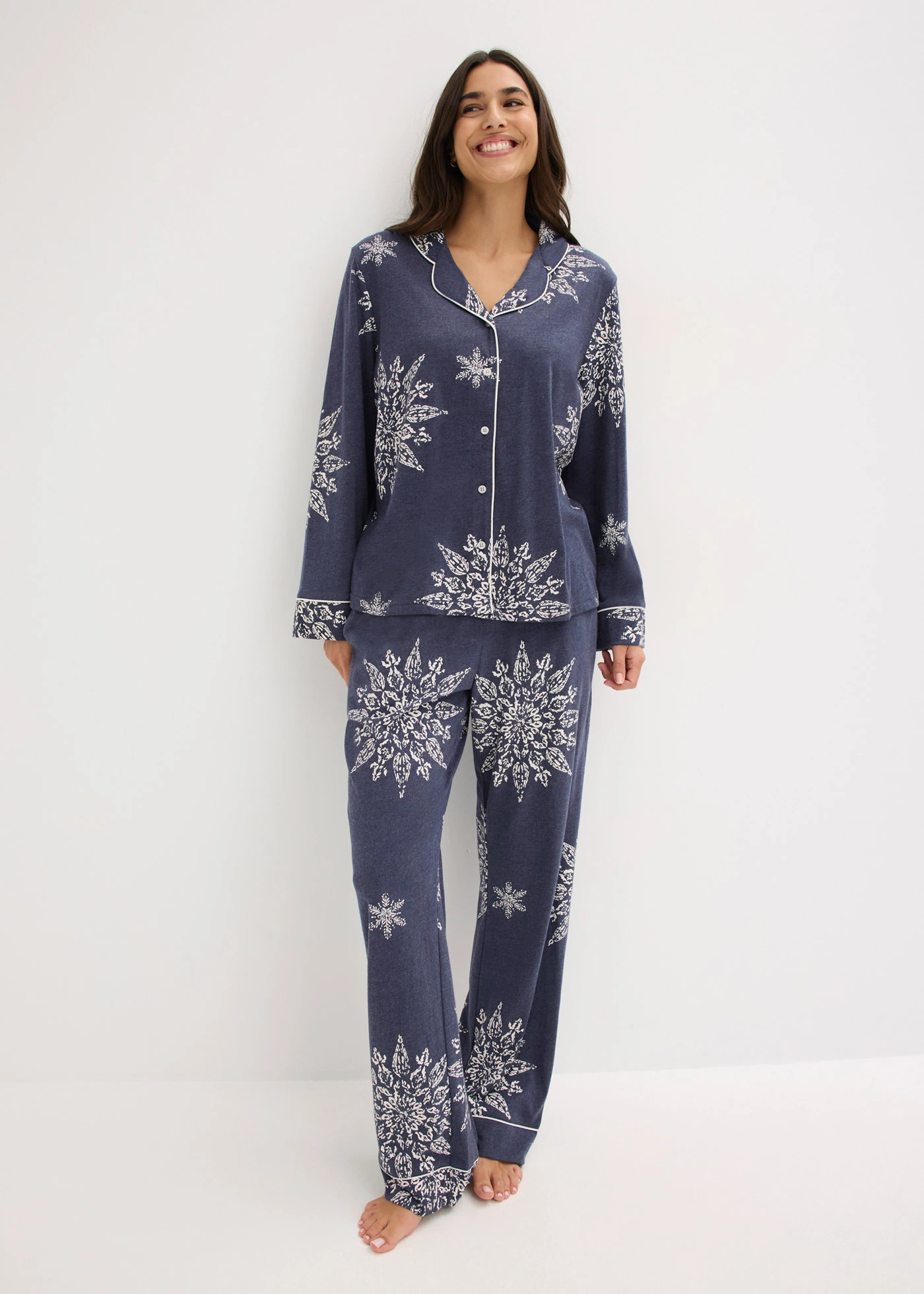 Pijama cu bandă de nasturi • albastru melanj-bej natur cu imprimeu • magazin bonprix