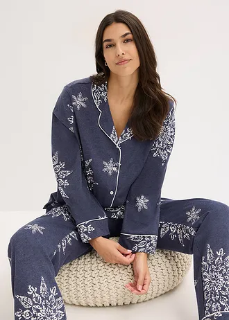 Pijama cu bandă de nasturi • albastru melanj-bej natur cu imprimeu • magazin bonprix