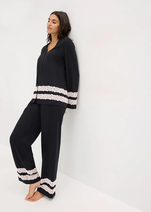 Pijama din material moale cu viscoză, culoare: negru/ecru