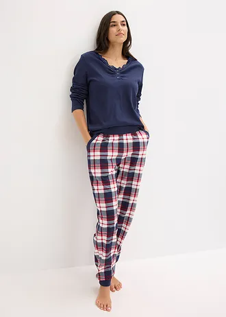 Pyjama met geribd shirt en knoopsluiting • donkerblauw-ecru gemêleerd geruit • bonprix online shop
