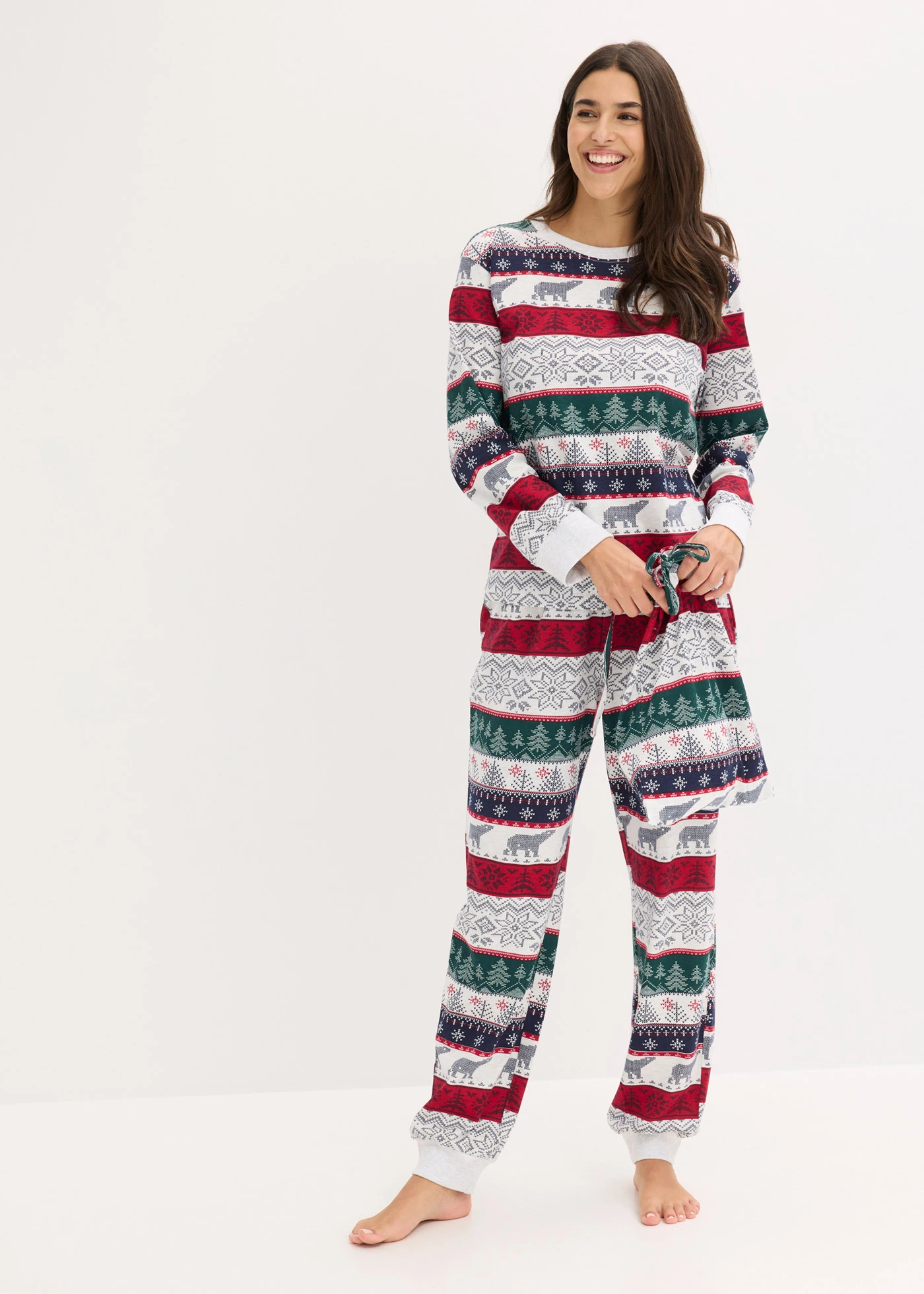 Pijama din bumbac moale cu gentuță cadou • bej natur melanj cu imprimeu • magazin bonprix
