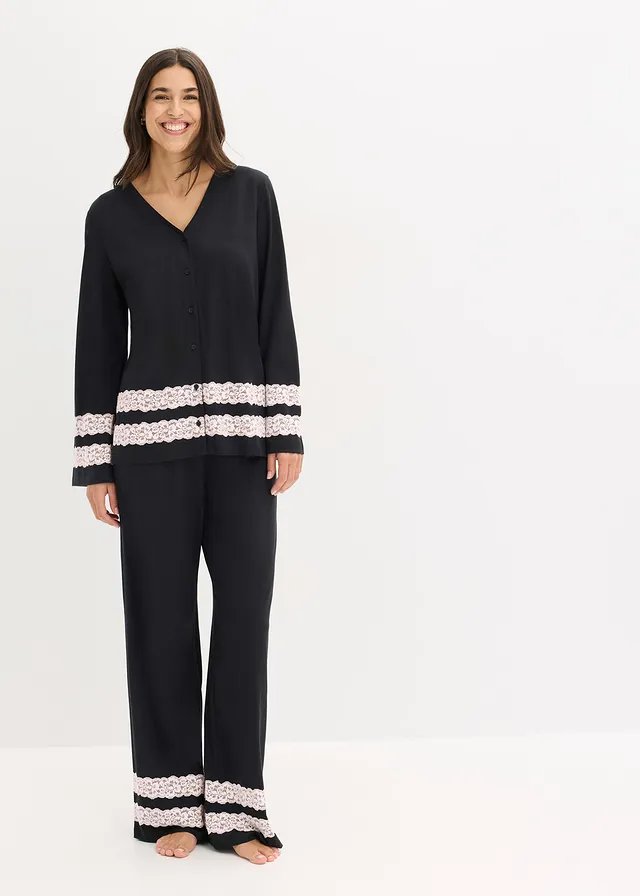 Pijama din material moale cu viscoză, culoare: negru/ecru
