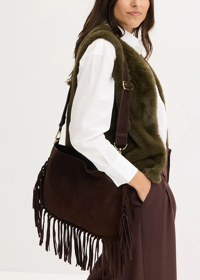 Leren handtas met franjes • donkerbruin • bonprix online shop