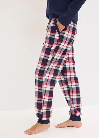 Pyjama avec haut côtelé à encolure boutonnée • bleu foncé/naturel chiné carreaux • Boutique bonprix