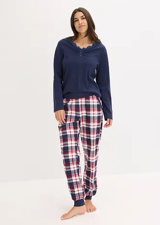 Pyjama avec haut côtelé à encolure boutonnée • bleu foncé/naturel chiné carreaux • Boutique bonprix