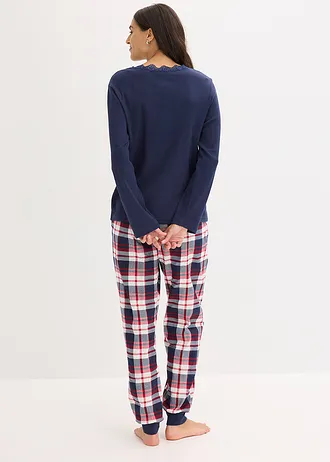 Pyjama avec haut côtelé à encolure boutonnée • bleu foncé/naturel chiné carreaux • Boutique bonprix